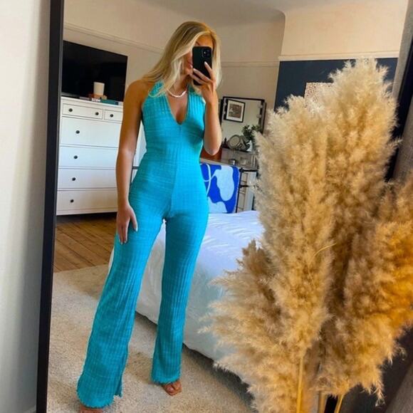 Zara Ribbed Halter Flare Jumpsuit - Picture 1 of 16
